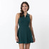 Rhoback Women's Melbourne Active Dress, a woman wearing a teal sleeveless athletic dress with a front zipper and polo collar, standing against a white background.