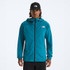 The North Face Men's Summit Off Width Jacket, a blue outdoor waterproof jacket with a hood and zippered pockets, designed for mountain climbing and outdoor adventures.