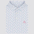 Rhoback Men's The Bev Cart 2.0 Performance Polo, white shirt with a playful print of golf clubs, golf balls, and beverage cups in blue, red, and green, with pink embroidered logo.