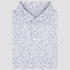 Rhoback Men's The Trout Run Performance Polo, front view of a white short-sleeve polo shirt with a blue fish pattern and button-up front.