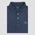 Rhoback Men's The Skipper Performance Polo, navy blue polo shirt with a nautical boat pattern and a small Rhoback logo embroidered on the chest.