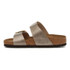 Birkenstock Sandals, Birkenstock Sydney Luxe Buckle Sandal with metallic straps, cork footbed, and adjustable buckle straps.