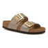 Birkenstock Sandals Birkenstock Sydney Luxe Buckle Sandal, view of the sandal featuring two grey straps with gold buckles, cork footbed, and black sole.