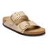 Birkenstock Sandals Birkenstock Arizona Big Buckle Birko-flor Sandal, beige sandal with two adjustable straps and large gold buckles, cork footbed, and black outsole.