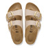 Birkenstock Sandals, Birkenstock Arizona Big Buckle Birko-flor Sandal in beige with gold buckles, open-toe slip-on sandals with adjustable straps.