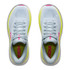 HOKA Women's Clifton 11 sneakers, top view of the light gray athletic shoes with neon yellow accents and pink branding details.