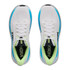 HOKA Men's Clifton 11 Running Shoes, top view of white athletic sneakers with blue and lime green accents and breathable mesh material.