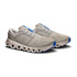 On Running Men's Cloud X 5, modern athletic sneakers with a beige and blue color scheme, breathable mesh upper, and cushioned cloud-like sole for comfort and performance.