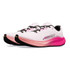 Altra Women's Torin 9, a pair of white and pink running shoes with black laces and sole, designed for comfort and performance.