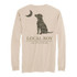 Local Boy Youth Brush Camo Dog and Moon Long Sleeve T-Shirt, beige long sleeve shirt with a camo dog and moon graphic design on the back.