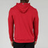Rhoback Men's Hesi Collegiate Hoodie A, back view of a man wearing a red hoodie with a small striped tag on the collar, against a plain gray background.
