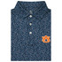 Rhoback Men's Auburn Let's Roll Performance Polo, folded navy performance polo with an allover white and orange football-themed print, three-button placket, and embroidered orange Auburn logo.