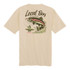 Local Boy Men's Trout Fly SS Tee, beige short-sleeve T-shirt featuring a graphic of a fishing scene with a large trout and a fisherman, highlight of outdoor fishing apparel.