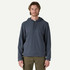 Patagonia Men's Micro D Hoody, model wearing a slate-blue fleece pullover hoodie with drawstrings and a kangaroo pocket against a plain background.
