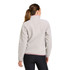 L.L.Bean Women's Mountain Classic Fleece Pullover, rear view of a woman wearing a light gray fleece pullover with pink trim at the collar, cuffs, and hem, paired with black leggings.