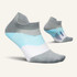 Feetures Elite Ultra Light No Show Tab athletic socks, lightweight gray and light blue no-show socks with logo details.