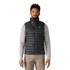 Patagonia Men's Down Sweater Vest, a man wearing a black insulated down vest with a high collar, front zip closure, and lightweight design.