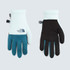 The North Face Women's Etip Recycled Glove, pair of black and white insulated gloves with touchscreen-compatible fingertips and logo details.