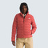 The North Face Women's Aconcagua 3 Jacket, a coral-colored insulated outdoor jacket with a full front zipper and a high collar for cold weather protection.
