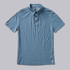 Vuori Men's Strato Tech Polo, light blue technical polo shirt with short sleeves, collar, and button placket.