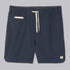 Vuori Men's Banks Shorts - 5 inch Inseam, navy blue athletic shorts with elastic waistband, drawstring, and zippered pocket.