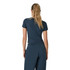 Vuori Women's Pose Fitted Tee, back view of a woman wearing a navy blue fitted T-shirt with short sleeves and a crew neckline, paired with matching navy blue sweatpants.