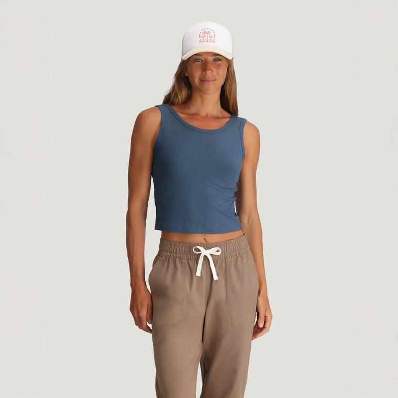 Free Fly Apparel Free Fly Women's Ribbed Bamboo Tank, a woman wearing a fitted, sleeveless blue bamboo tank top with a round neckline and ribbed texture.