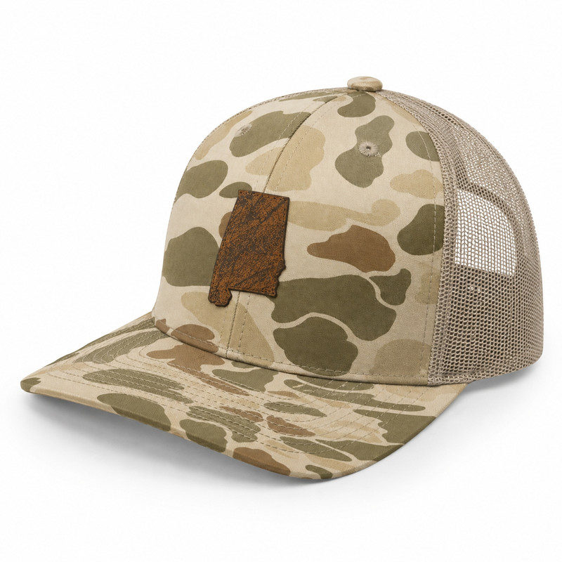 Alabama Outdoors Apparel Alabama Outdoors Wood Grain AL State Duck Camo Trucker Hat, camouflage pattern trucker hat with mesh back and leather patch.