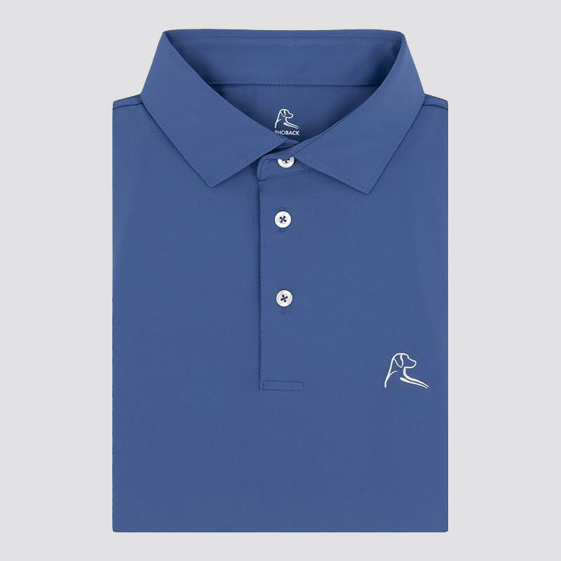 Rhoback Men's Short Sleeve Solid Performance Polo, blue polo shirt with a collar and button-down front, featuring the Rhoback logo embroidered on the chest.