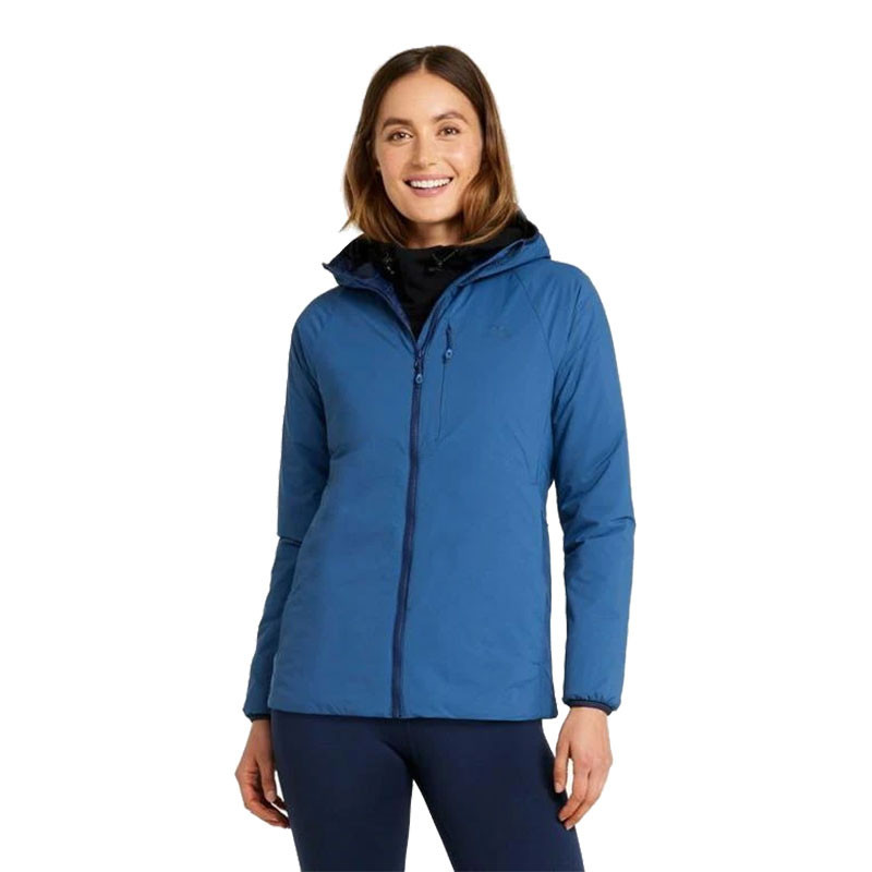 L.L.Bean Women's Primaloft Packaway Air Hoodie, blue lightweight insulated jacket with hood and full zip in front on a smiling woman.