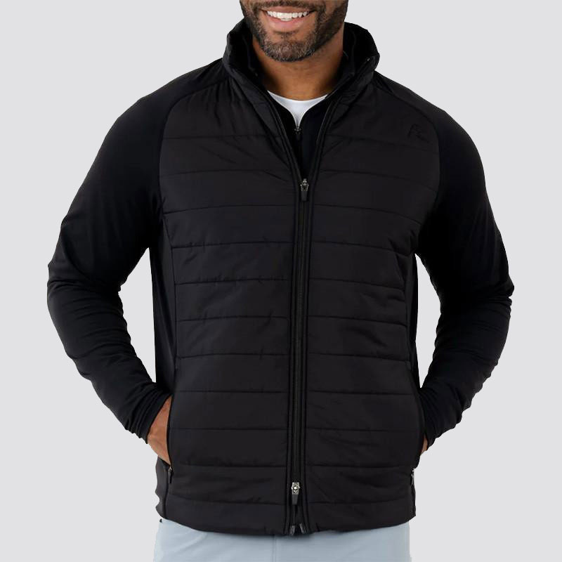 Rhoback Men's Fulton Hybrid Jacket, black lightweight and insulated jacket with a front zipper and stand-up collar, designed for outdoor wear and casual style.