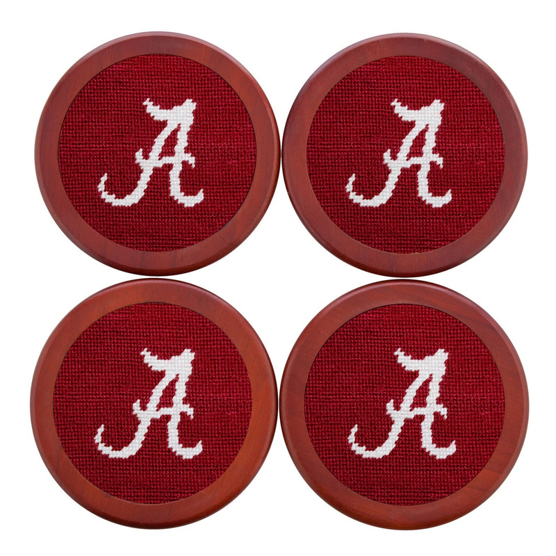 Smathers & Branson Coasters, round wooden coasters with red fabric and white embroidered letter 'A'
