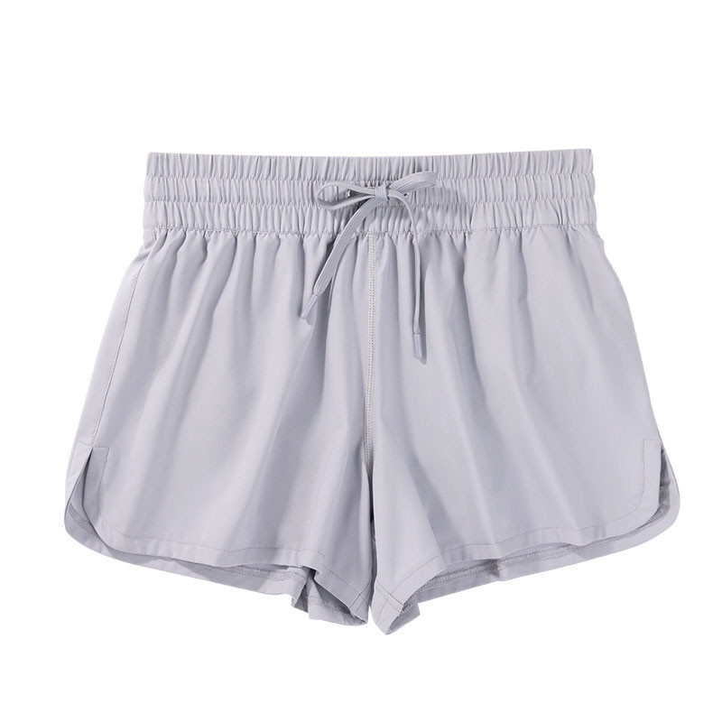 Alabama Outdoors Apparel AOA Women's 4" Essential Running Short, light gray running shorts with an elastic waistband and drawstring, suitable for athletic wear.