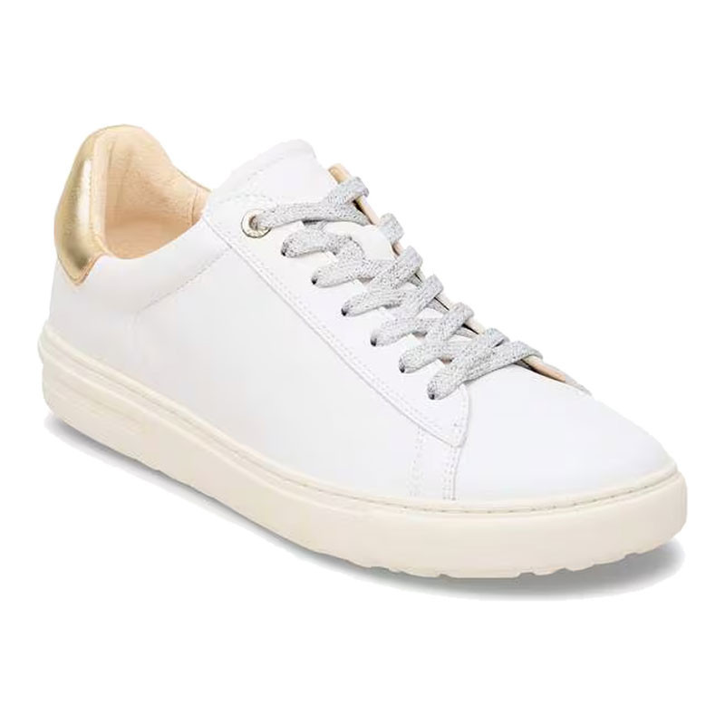 Birkenstock Women's Bend Narrow Sneakers, a white low-top sneaker with lace-up closure, beige interior lining, and a cushioned sole for comfort and style.