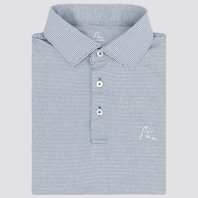 Rhoback Men's The Whaler Heather Stripe Performance Polo, button-up polo shirt with light blue and white horizontal stripes and a small embroidered logo on the chest.