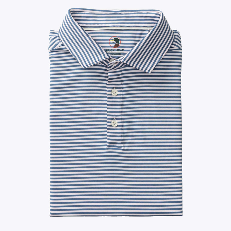 Duck Head Men's Short Sleeve Long Drive Performance Polo - Windor, folded men's polo shirt with blue and white horizontal stripes, collar, and button placket.