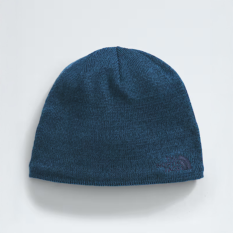 The North Face Jim Beanie, blue knitted winter hat with embroidered logo.