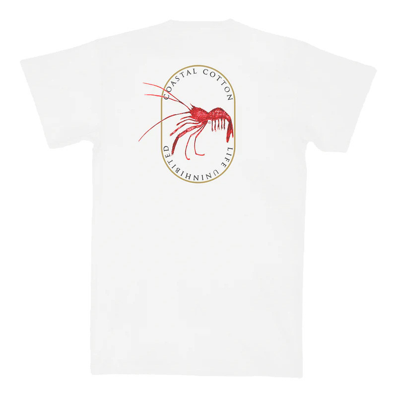 Coastal Cotton Men's Crawfish Logo Short Sleeve Tee, white T-shirt with red crawfish graphic and Coastal Cotton branding.