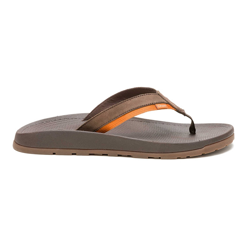 Chaco Sandals Chaco Men's Lowdown Leather Flip Flop, brown leather strap flip flop sandal with cushioned sole and orange detailing.