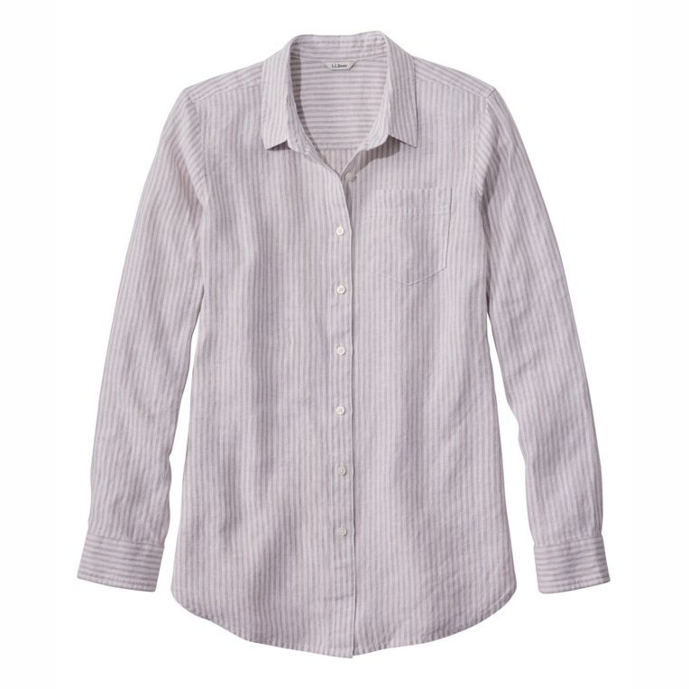 L.L. Bean Women's Premium Washable Linen Tunic Long Sleeve Micro Stripe, a light-colored, striped linen tunic with a classic collar and button-down front.