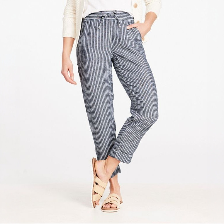 L.L. Bean Women's Premium Linen Breezy Pull-On Pant Stripe, lightweight and comfortable striped linen pants with an elastic waistband and drawstring, perfect for casual summer wear.