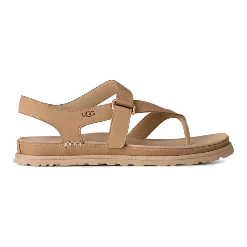 UGG Women's Goldengaze Leather Toe Post, stylish tan leather sandal with adjustable strap and cushioned sole.