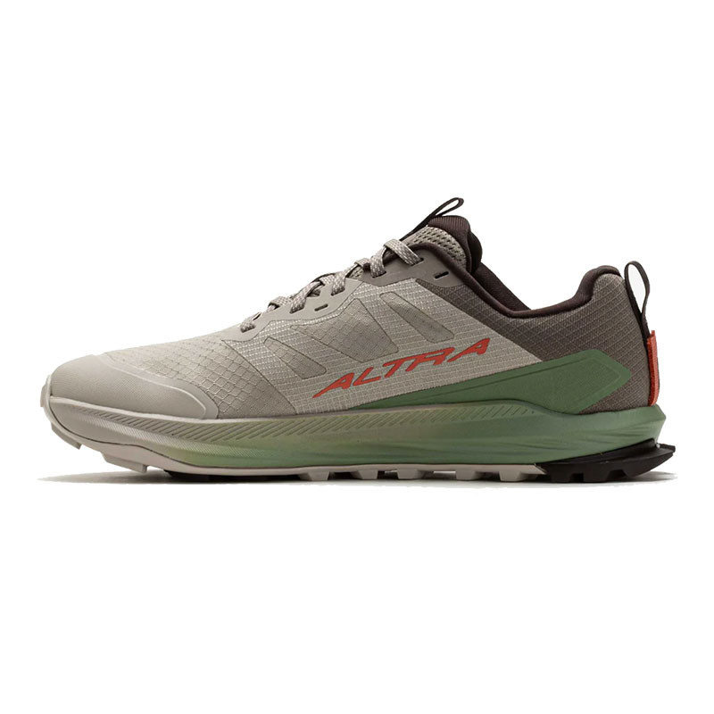 Altra Men's Lone Peak 9+ trail running shoe, lightweight with a gray and green color scheme and supportive design.