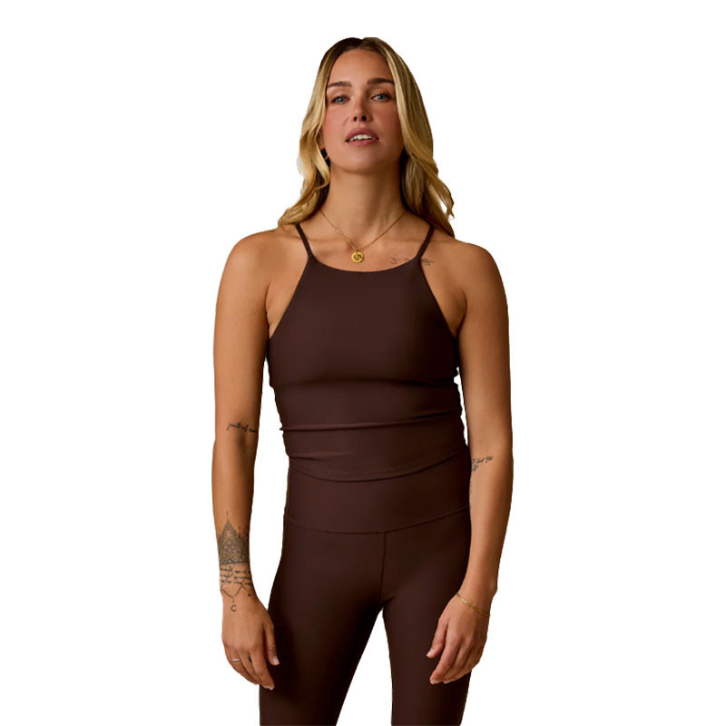 Carve Designs Carve Women's Boca Compression Tankini, a woman wearing a slim-fitting, dark brown tankini top with thin straps, perfect for swimming and activewear.