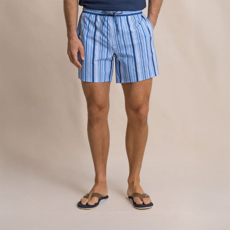 Southern Tide Men's Stripe Maritime Swim Trunk, blue and white striped swim shorts with drawstring waist.