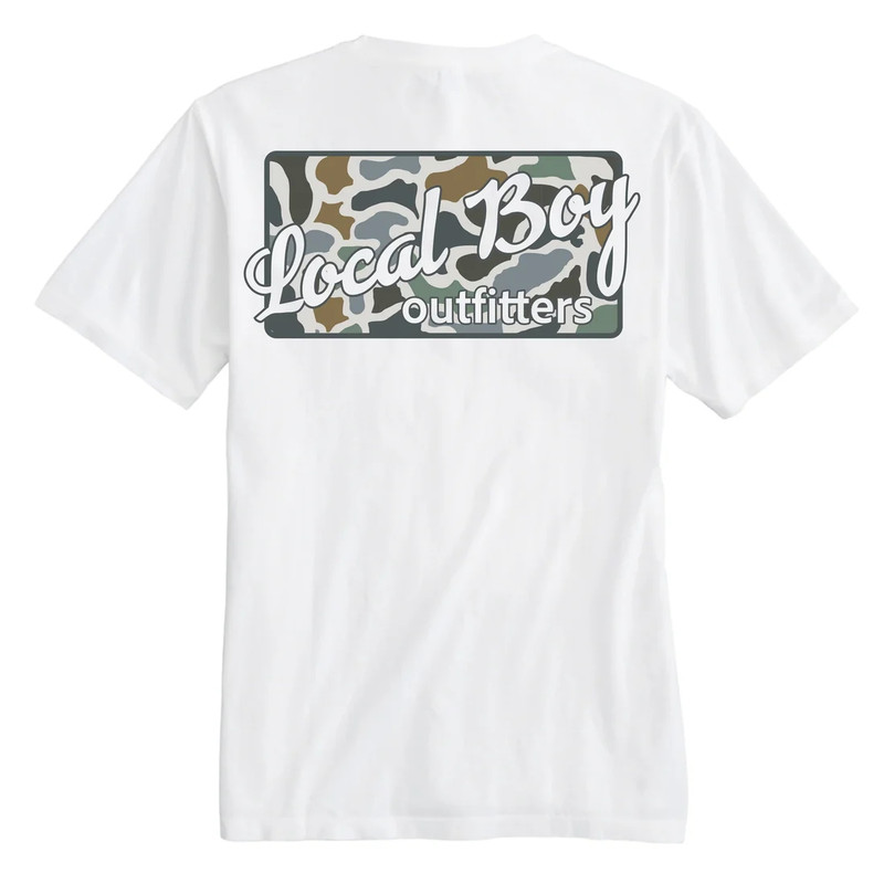 Local Boy LCF Bluff Plate SS Tee, white T-shirt with a camouflage pattern and 'Local Boy Outfitters' logo on the back.