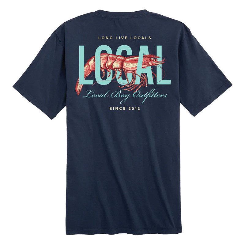 Local Boy Shrimpy SS Tee, navy blue T-shirt with a graphic of a shrimp and text design.