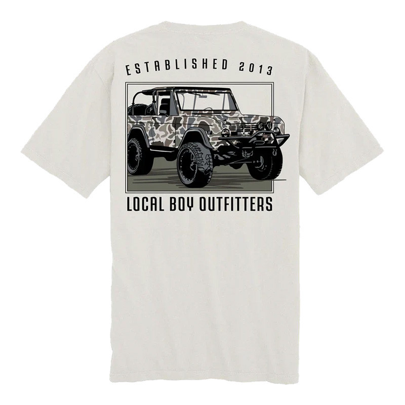 Local Boy Bronco LCF SS Tee, white short sleeve T-shirt with a graphic print of a camouflage-patterned vehicle and the text 'Established 2013 Local Boy Outfitters'.