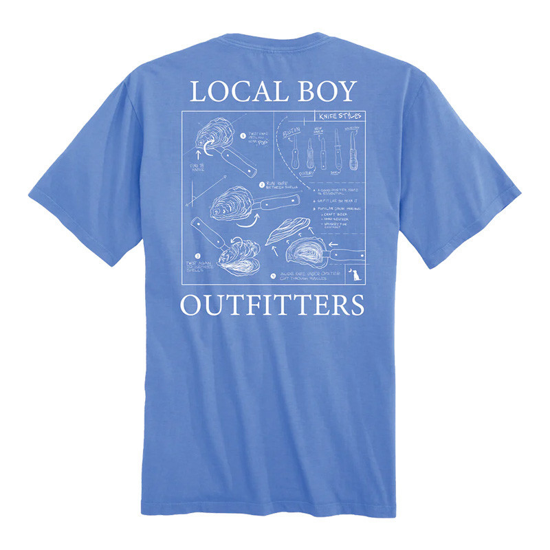 Local Boy Blueprint SS Tee, blue T-shirt with white printed blueprint-style design of a knife and its parts.