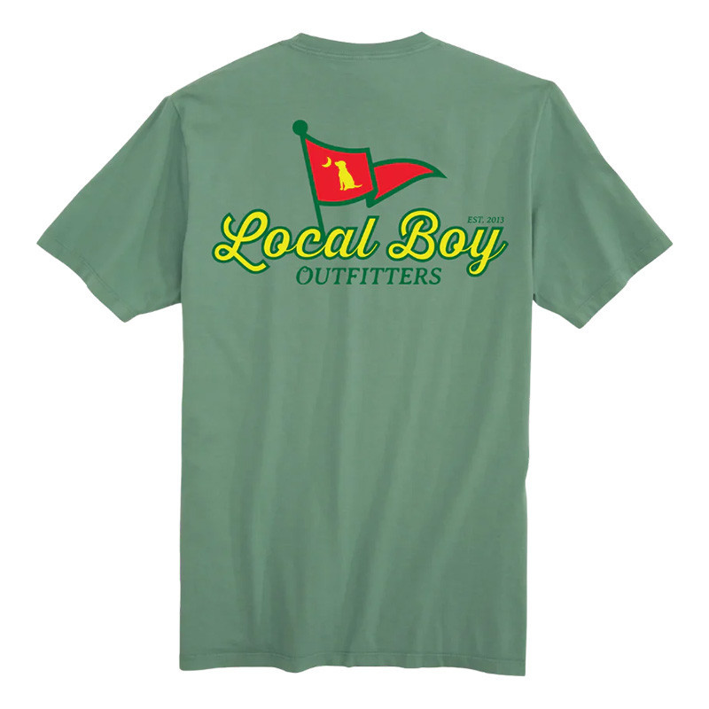Local Boy Front Pin SS Tee, a light green men's T-shirt with a colorful graphic design of a flag and text on the back.